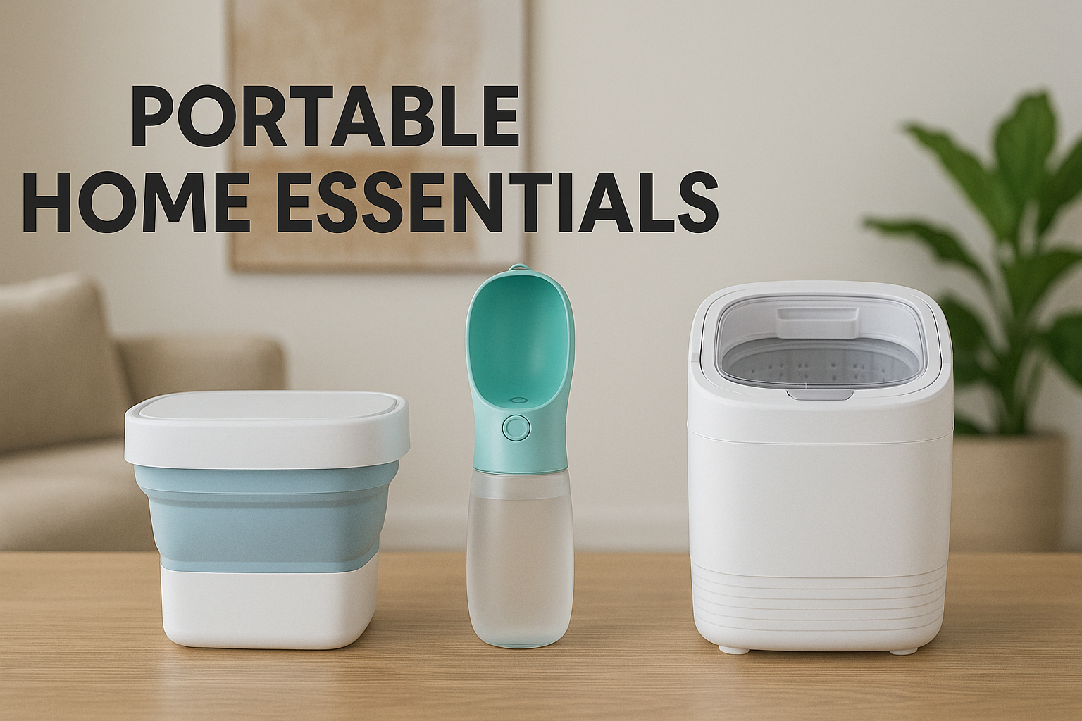 Three portable home essentials on a table with a neutral background