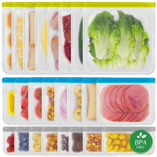 LKSUMPT 24 Pack Reusable Freezer Bags Food Storage Bags Reusable Bags BPA Free Leakproof Extra Thick for Traveling & Household Same as Reusable Ziploc Bags (8 Gallon+8 Snack+8 Sandwich Bags)